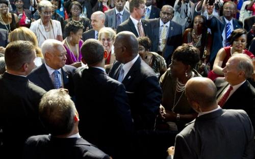 US President Barack Obama (3L-front) greets members of the crowd after speaking during the National Urban League convention at the Ernest N. Morial Convention Center in New Orleans, Louisiana, July 25, 2012.