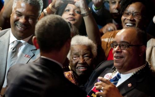 US President Barack Obama greets members of the crowd after speaking during the National Urban League convention at the Ernest N. Morial Convention Center in New Orleans, Louisiana, July 25, 2012.